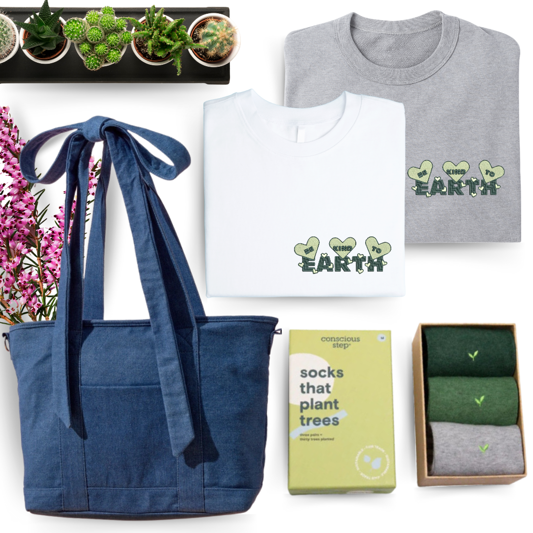 Shop and plant a tree with every purchase of our collection in support of environmental protection. Socks that plant trees, denim reusable tote, be kind to earth tee.