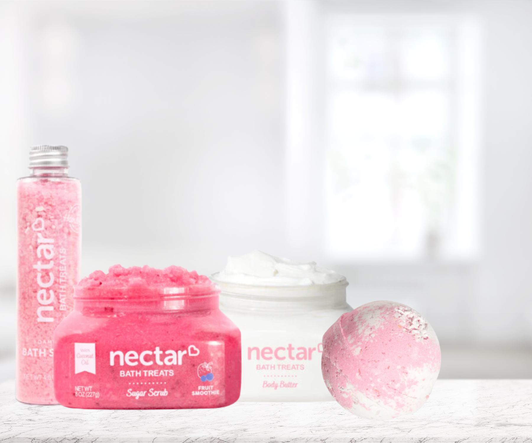 Nectar Bath Treats Foaming Bath Salts, Body Scrub, Body Butter, and Bath Bomb.