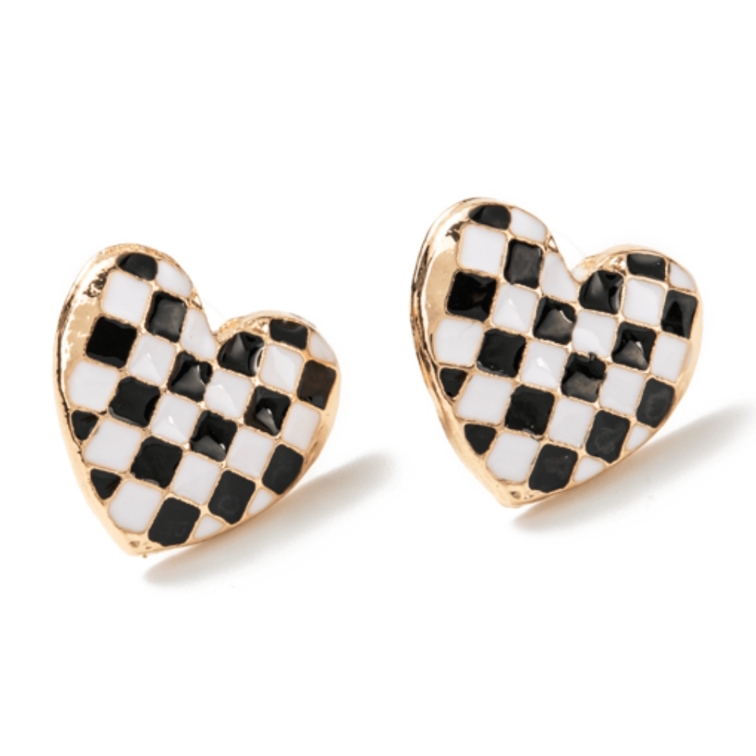Black and White Checkerboard Heart Stud Earrings - The Kindness Cause