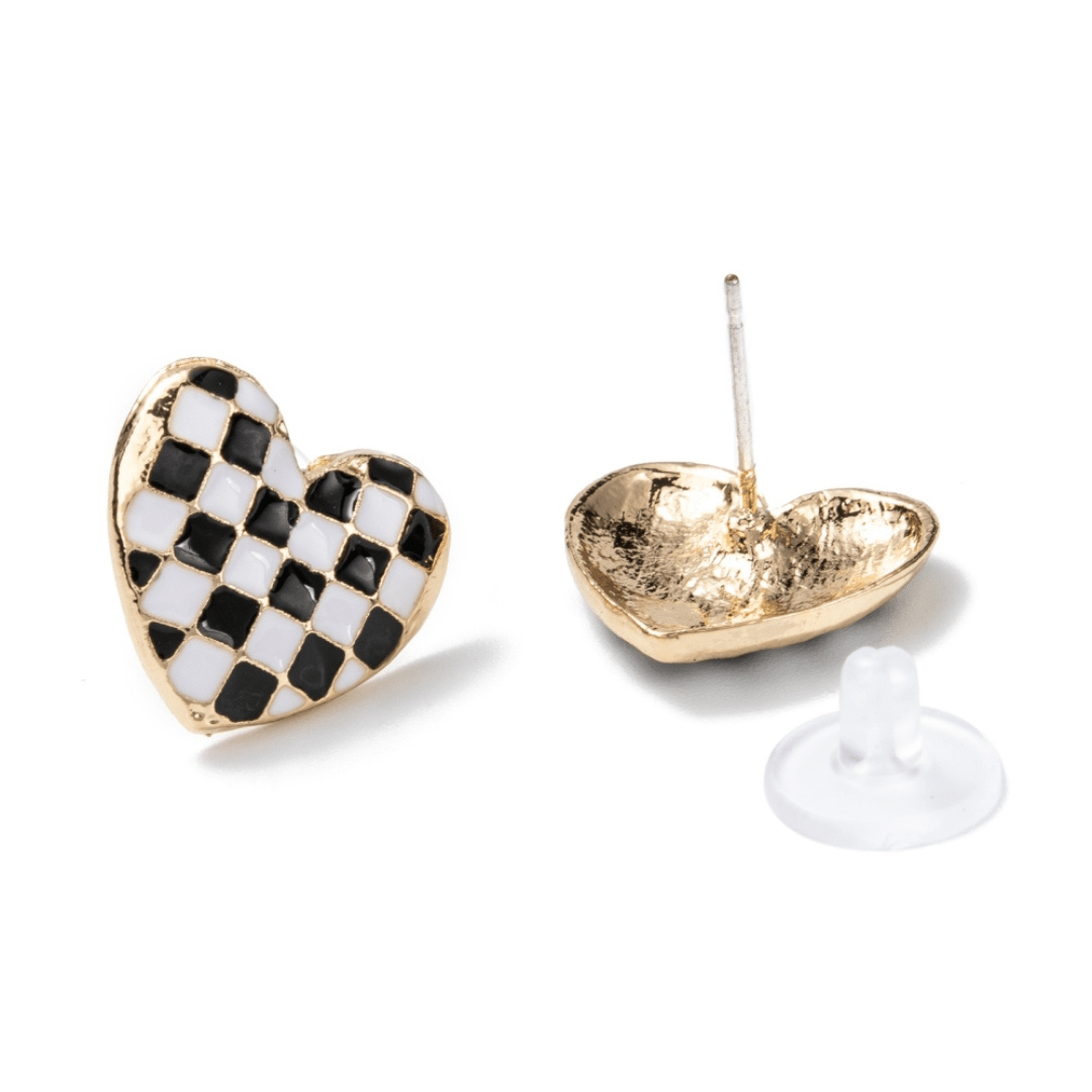 Black and White Checkerboard Heart Stud Earrings - The Kindness Cause
