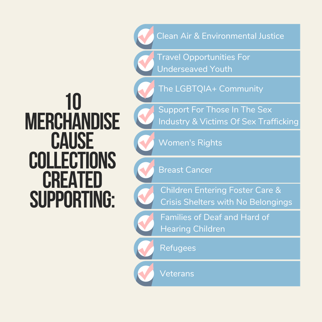The Kindness Cause created 10 cause collections supporting the following causes: clean air & environmental justice, travel opportunities for underserved youth, the LGBTQIA+ Community, Support for those in the sex industry & victims of sex trafficking, women’s rights, breast cancer, children entering crisis shelters & foster care with no belongings, the deaf and hard of hearing, refugees, and veterans.