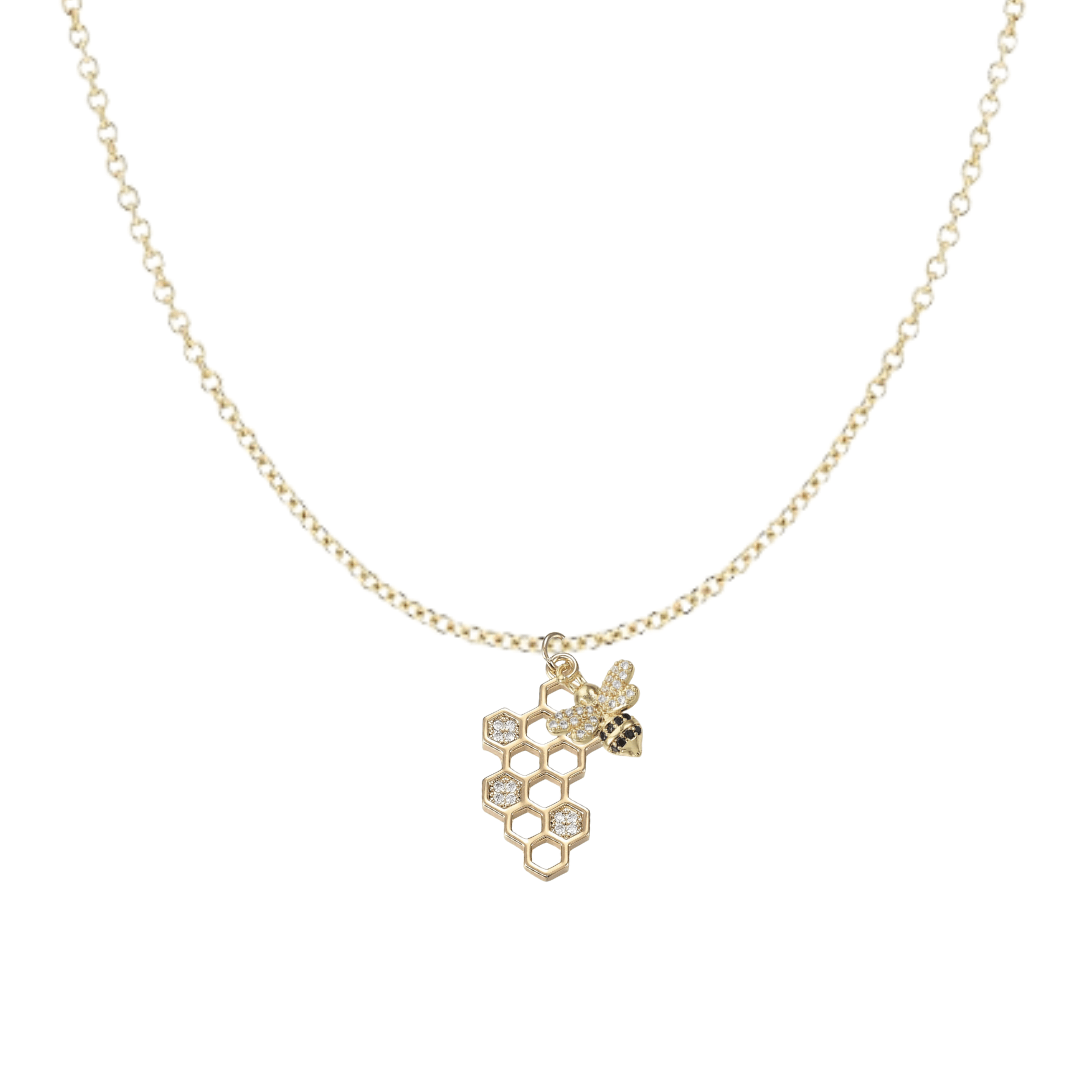 18K Gold Plated Bee & Honeycomb Pave Necklace - The Kindness Cause