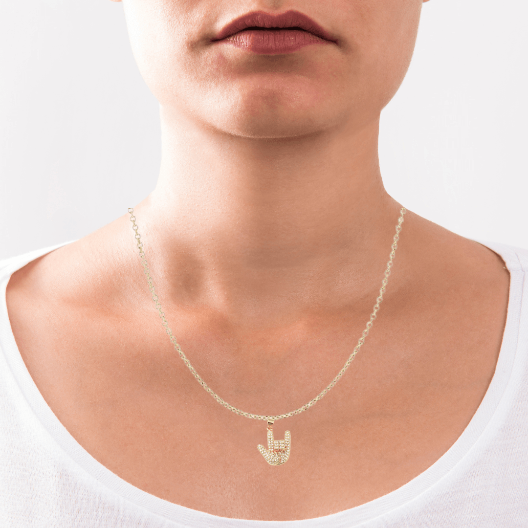 ASL I Love You Hand 18K Gold Plated Necklace with Micro Pave Cubic Zirconia - The Kindness Cause