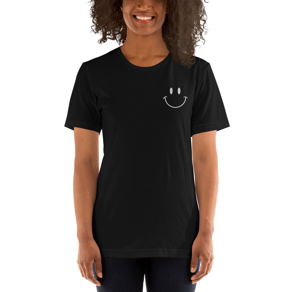 Be Happy White Embroidered Unisex Short Sleeve T-shirt - The Kindness Cause