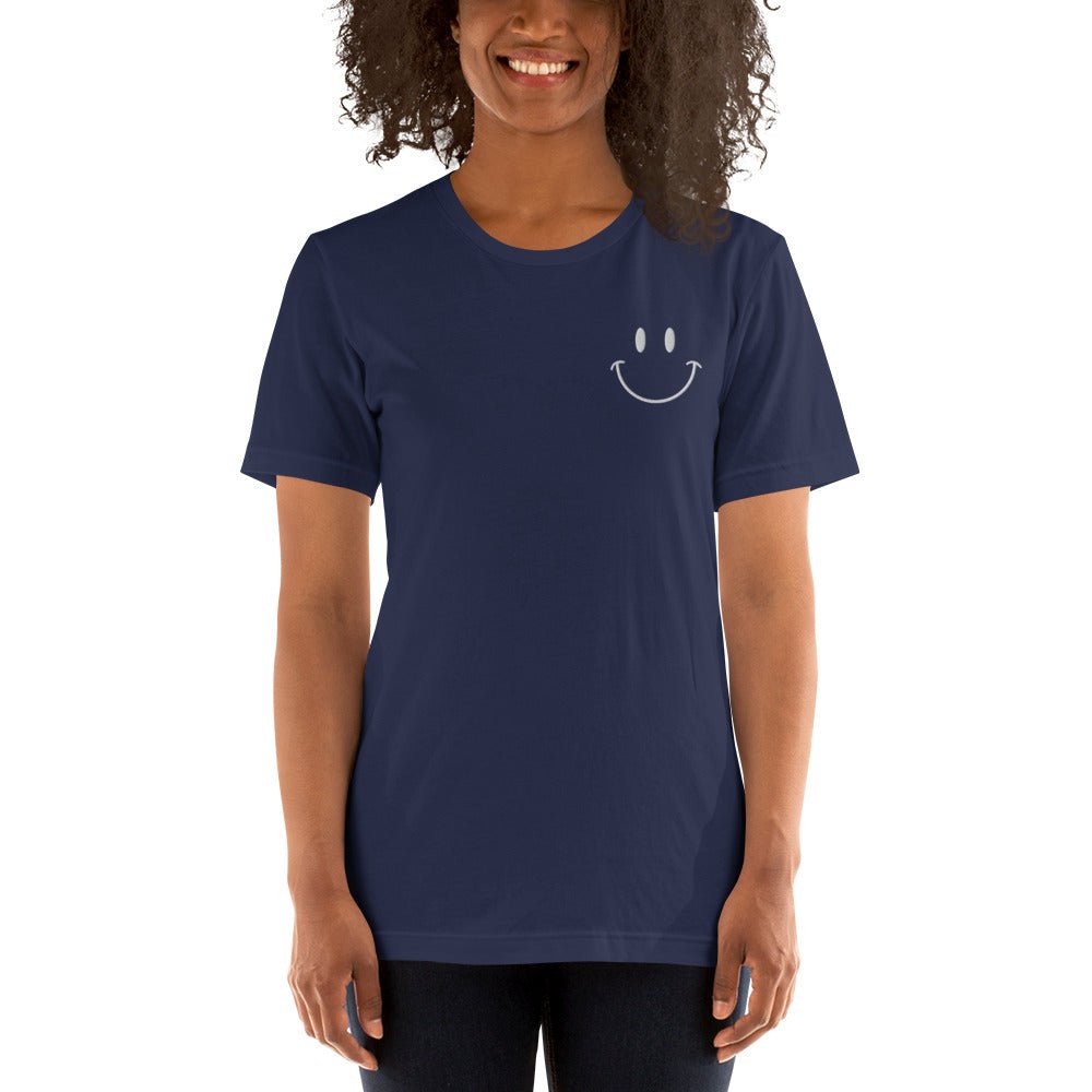 Be Happy White Embroidered Unisex Short Sleeve T-shirt - The Kindness Cause