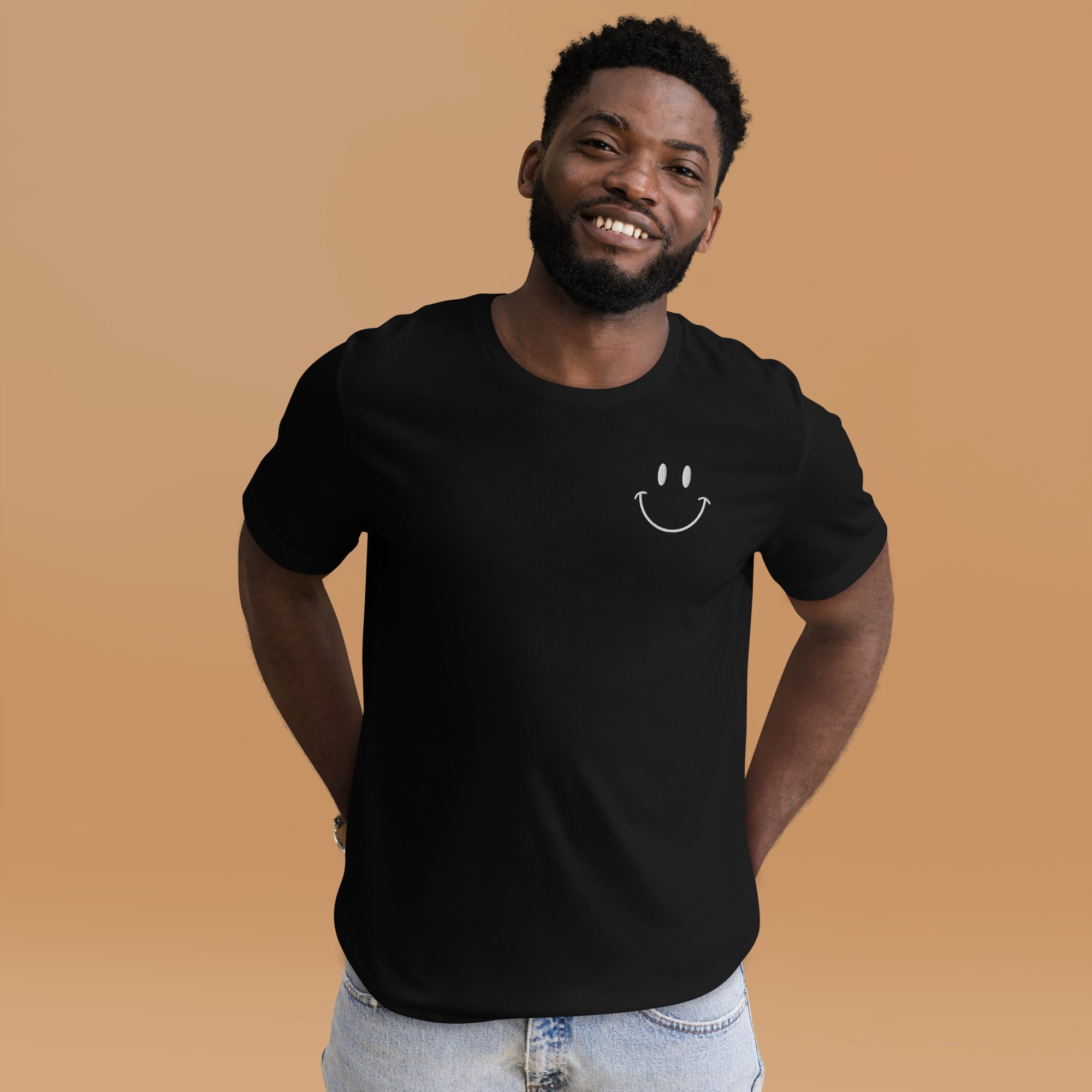 Be Happy White Embroidered Unisex Short Sleeve T-shirt - The Kindness Cause