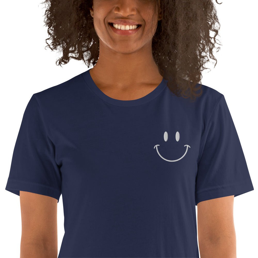 Be Happy White Embroidered Unisex Short Sleeve T-shirt - The Kindness Cause