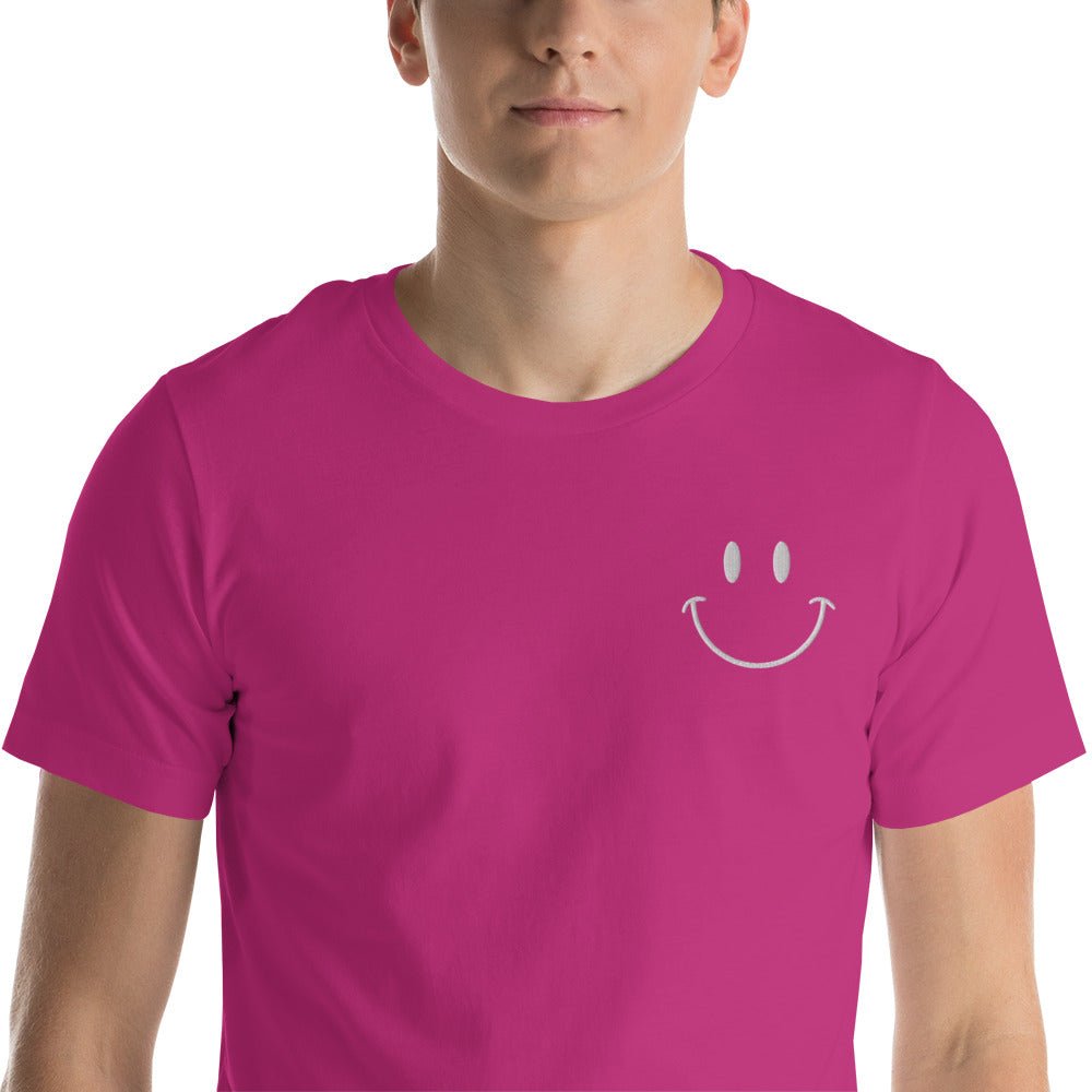 Be Happy White Embroidered Unisex Short Sleeve T-shirt - The Kindness Cause