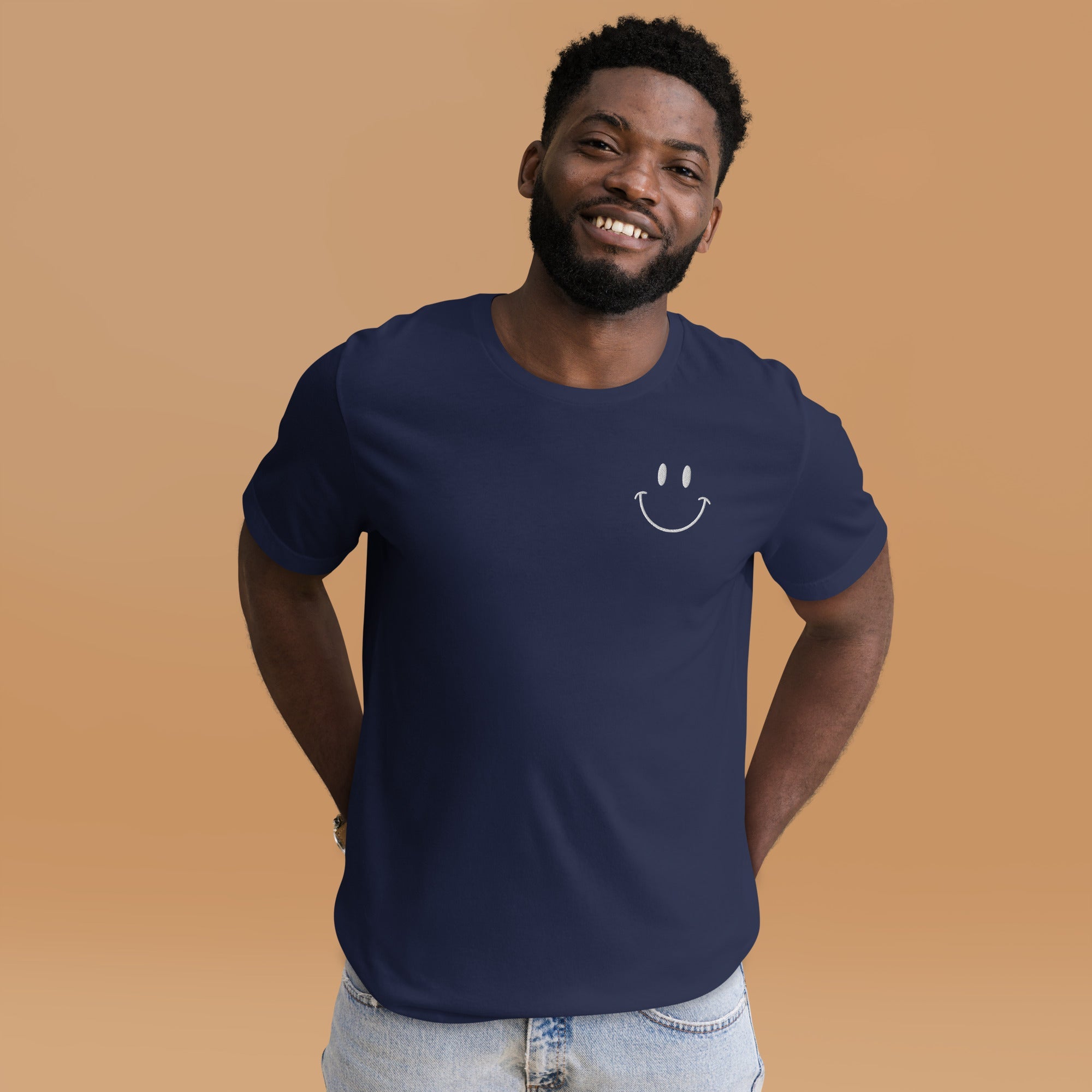 Be Happy White Embroidered Unisex Short Sleeve T-shirt - The Kindness Cause
