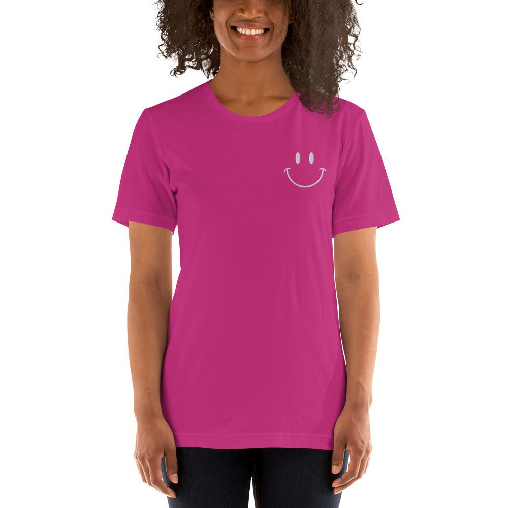 Be Happy White Embroidered Unisex Short Sleeve T-shirt - The Kindness Cause
