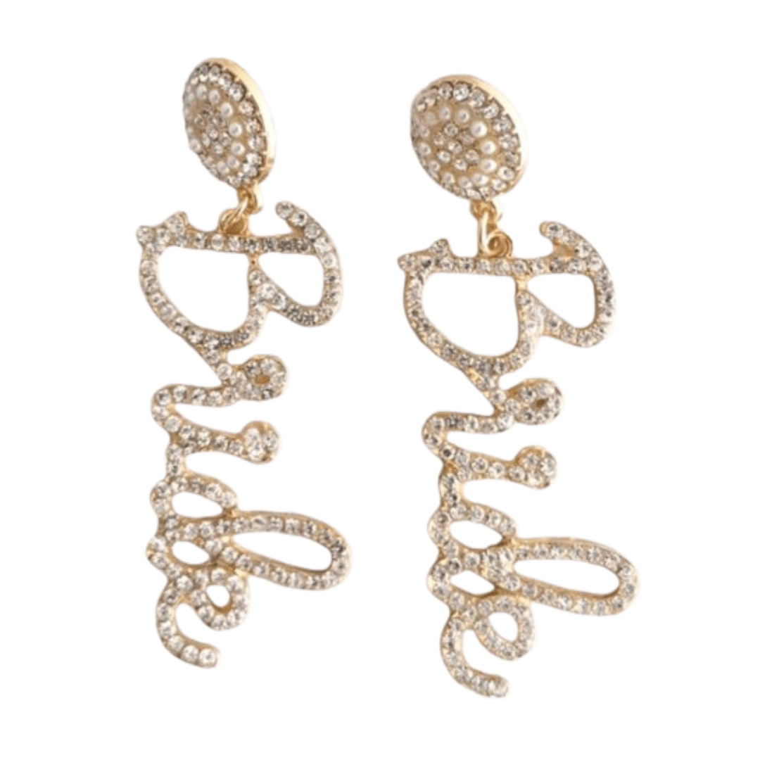 Bride Rhinestone Script Dangle Earrings - The Kindness Cause