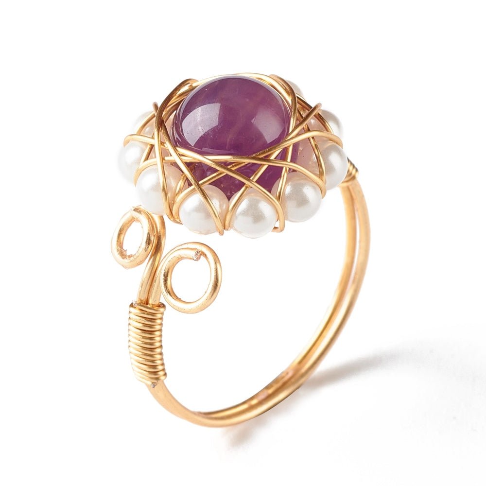 Natural Gemstone and Pearl Wire Wrap Adjustable Ring - The Kindness Cause