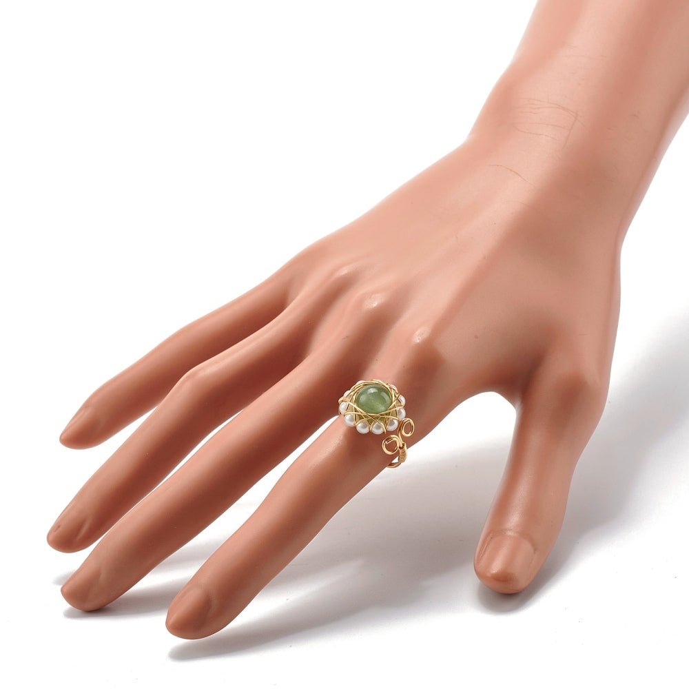 Natural Gemstone and Pearl Wire Wrap Adjustable Ring - The Kindness Cause