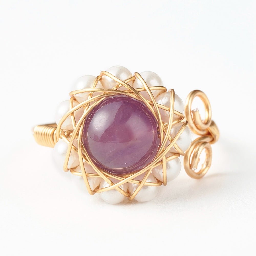 Natural Gemstone and Pearl Wire Wrap Adjustable Ring - The Kindness Cause