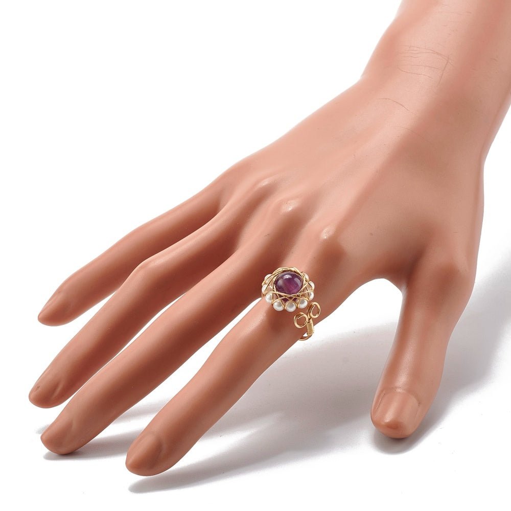 Natural Gemstone and Pearl Wire Wrap Adjustable Ring - The Kindness Cause