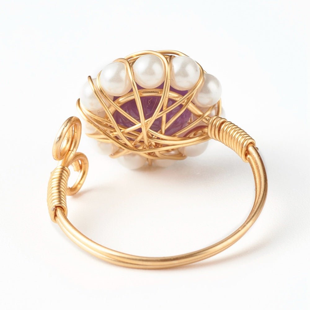 Natural Gemstone and Pearl Wire Wrap Adjustable Ring - The Kindness Cause