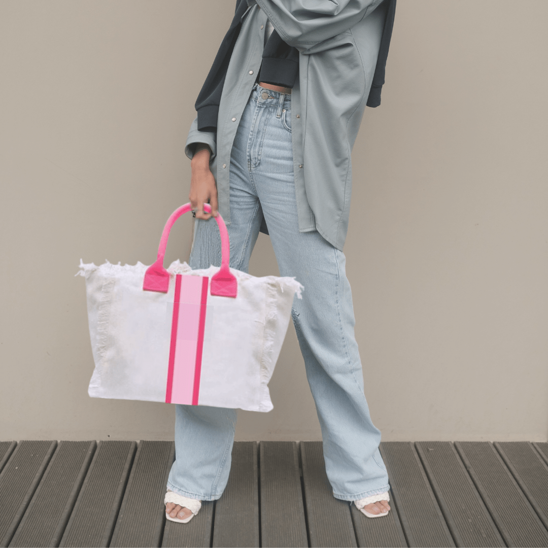 Pink Stripe Fringe Large Canvas Tote Bag - The Kindness Cause