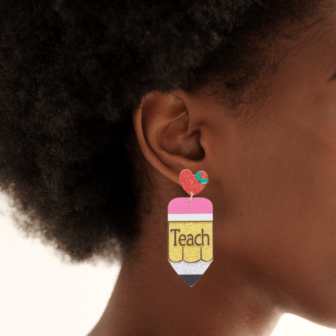 Teacher Pencil Glitter Acetate Drop Earrings - The Kindness Cause