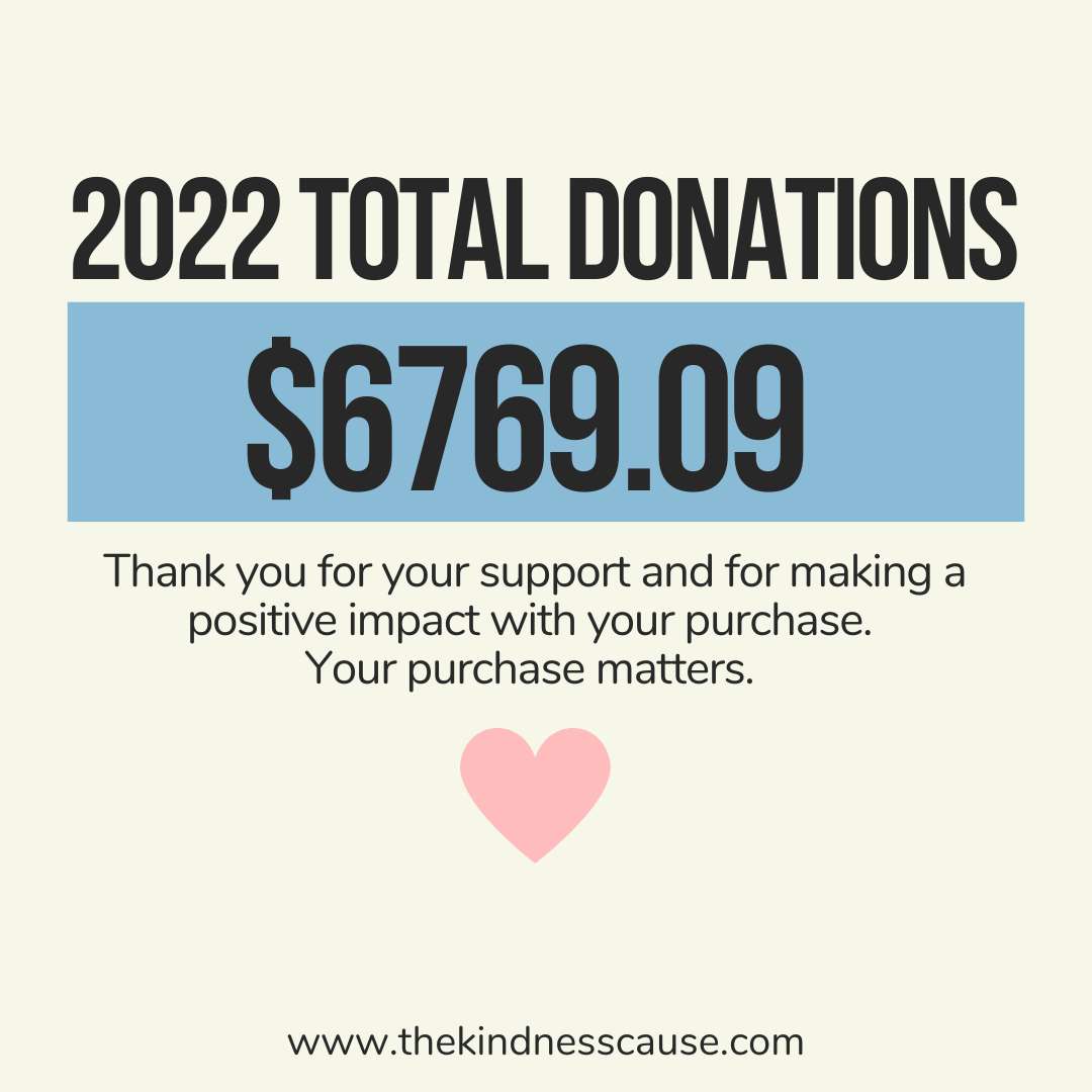 The Kindness Cause donated $6769.09 to charity and nonprofit organizations in 2022. Thank you for your support and for making a positive impact with your purchase. Your purchase matters. 