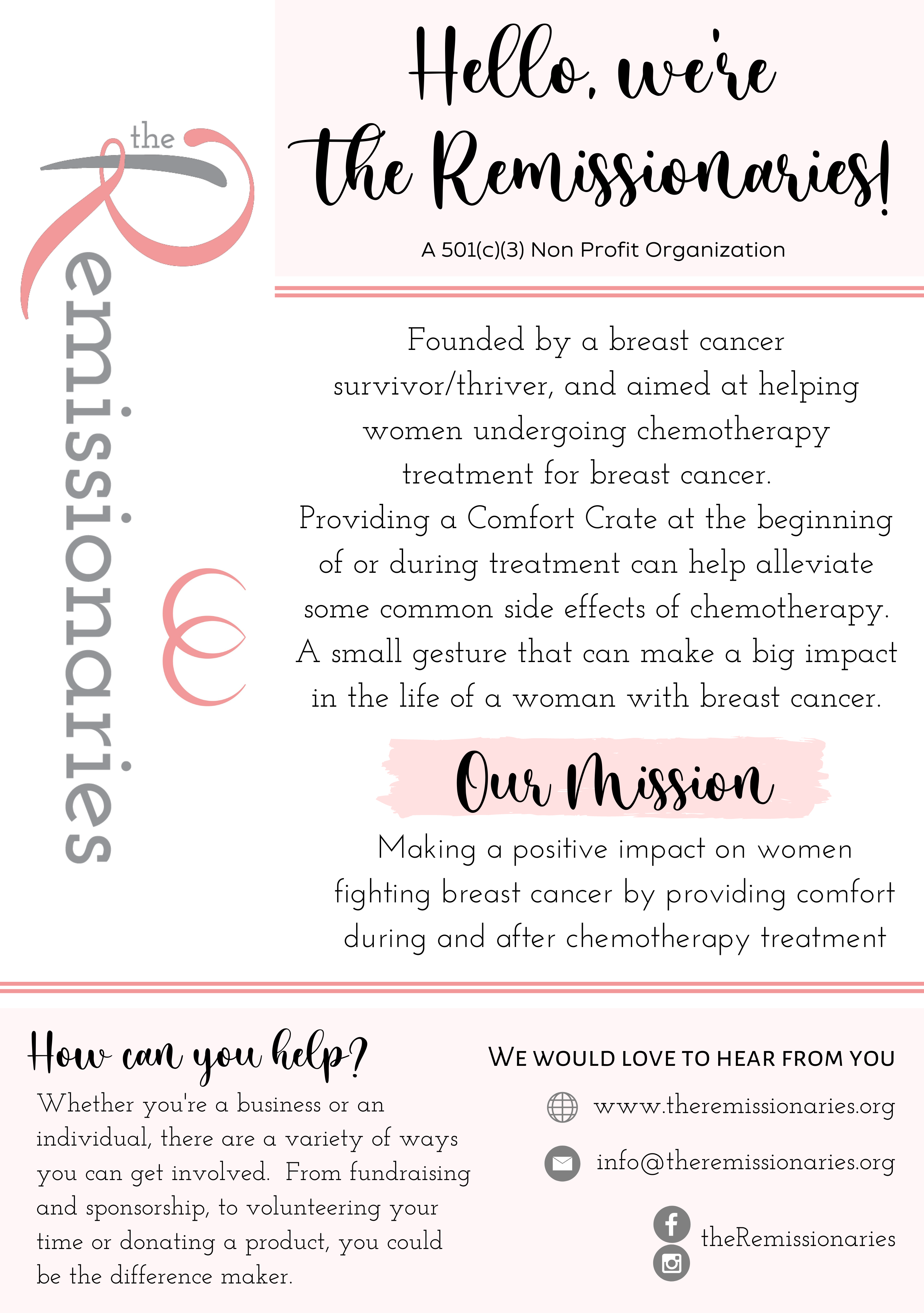 How you can help provide comfort to women fighting breast cancer during and after their chemo treatments with las vegas nonprofit organization The Remissionaries. Breast Cancer Awareness Month