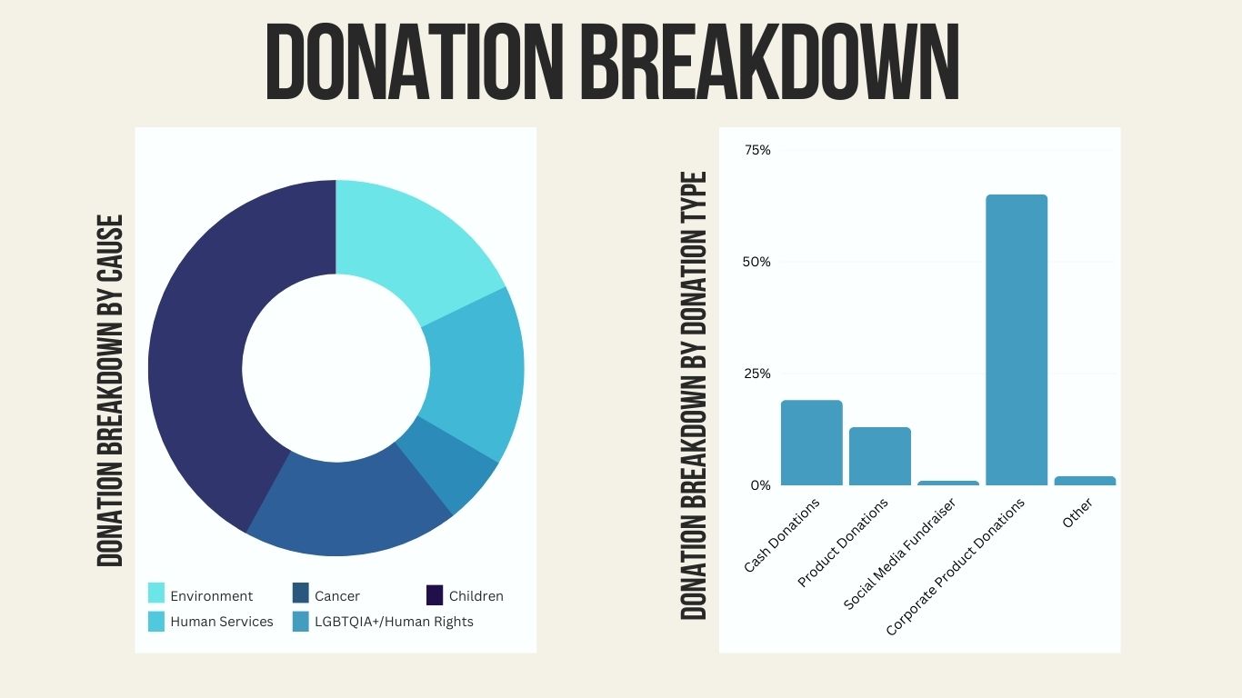 The Kindness Cause 2022 Donation breakdown by cause and donation type.
