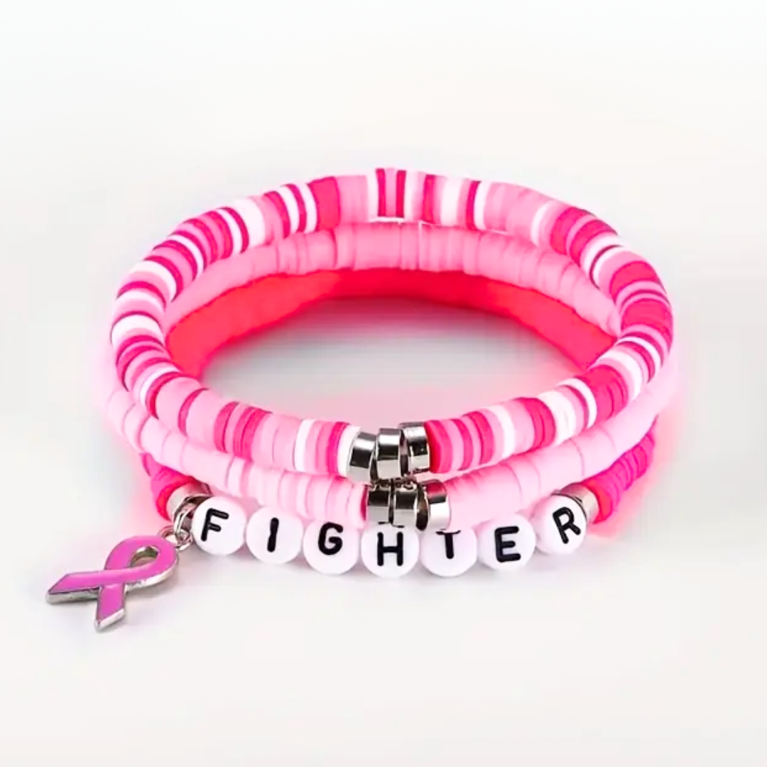 Breast Cancer Set of 3 Pink Fighter Beaded Bracelets