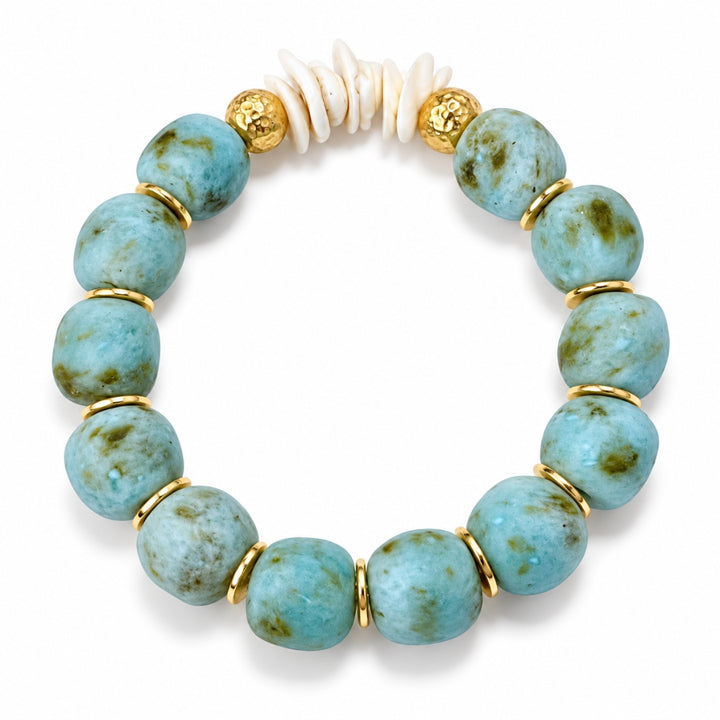 Natural Shell Recycled Glass Bead Stretch Bracelet