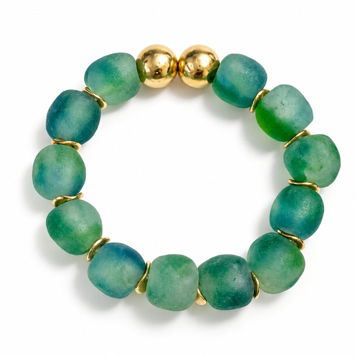 Recycled Glass &amp; Brass Bead Stretch Bracelet- Blue Green