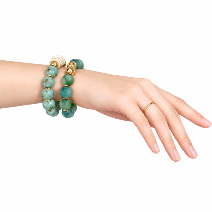 Natural Shell Recycled Glass Bead Stretch Bracelet
