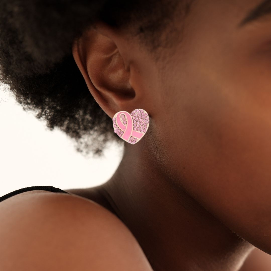 Breast Cancer Pink Ribbon Heart Stud Earrings - The Kindness Cause