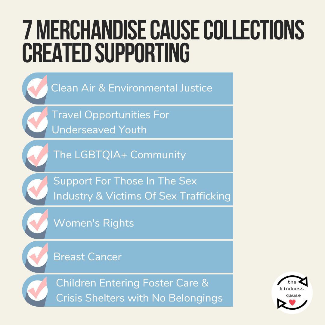The Kindness Cause created 7 cause collections supporting the following causes: clean air & environmental justice, travel opportunities for underserved youth, the LGBTQIA+ Community, Support for those in the sex industry & victims of sex trafficking, women’s rights, breast cancer, children entering crisis shelters & foster care with no belongings.