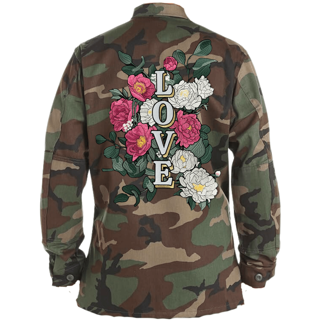 Kindess Comp Jacket Oversized Love Embroidered Camo Jacket | The Kindness Cause