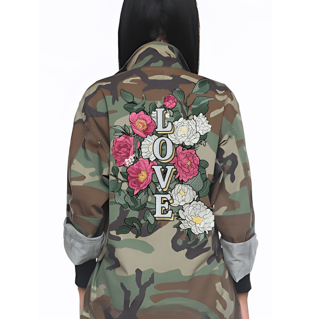 Kindess Comp Jacket Oversized Love Embroidered Camo Jacket | The Kindness Cause