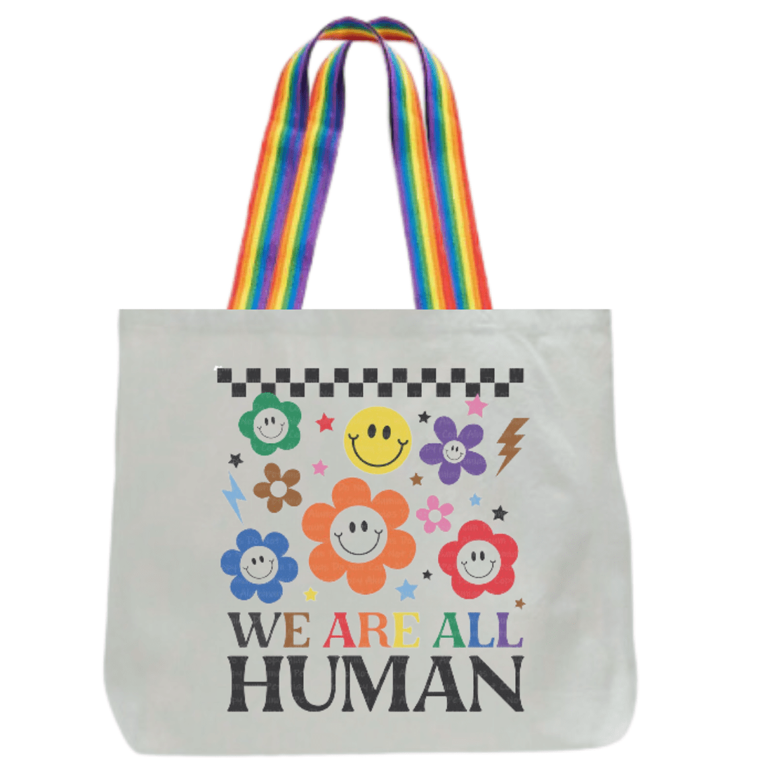 We Are All Human Happy Face Rainbow Strap Canvas Tote - The Kindness Cause