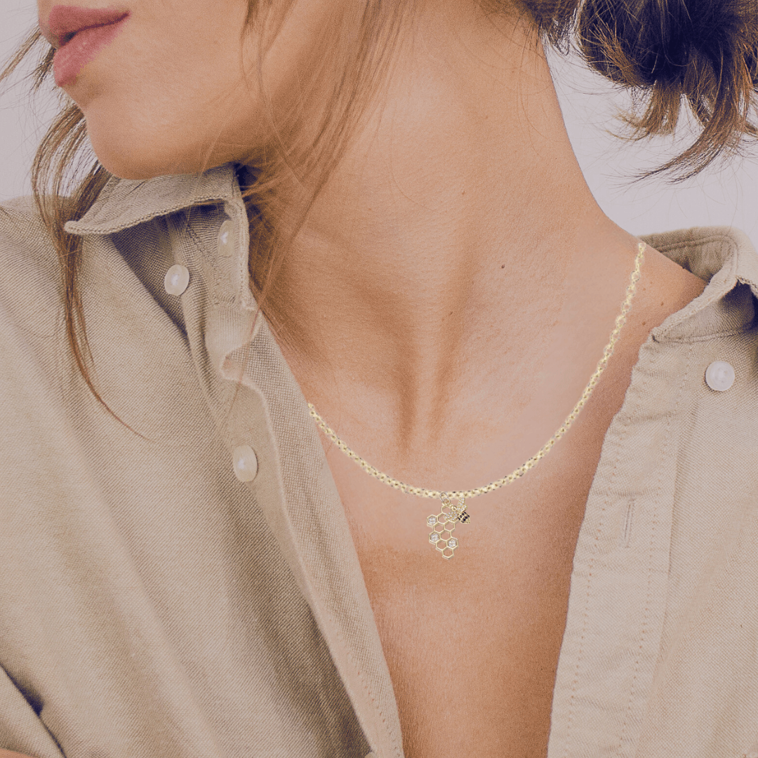 18K Gold Plated Bee &amp; Honeycomb Pave Necklace - The Kindness Cause