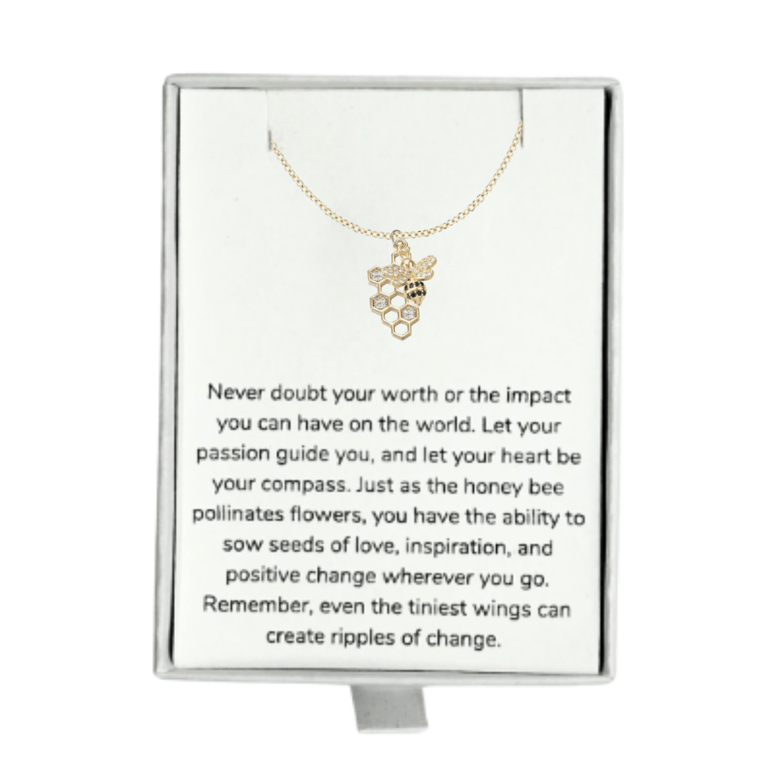 18K Gold Plated Bee &amp; Honeycomb Pave Necklace - The Kindness Cause