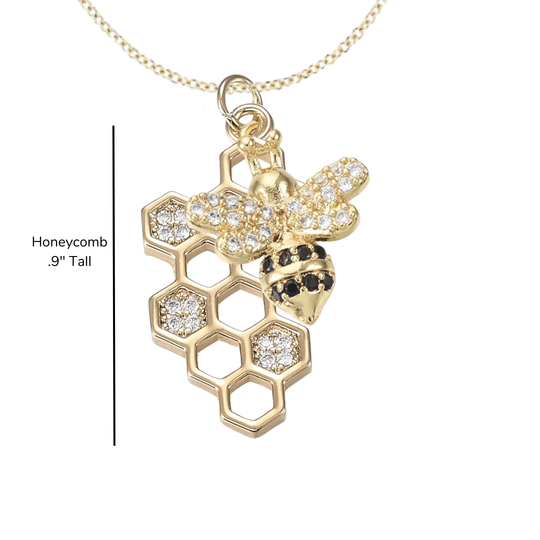 18K Gold Plated Bee &amp; Honeycomb Pave Necklace - The Kindness Cause