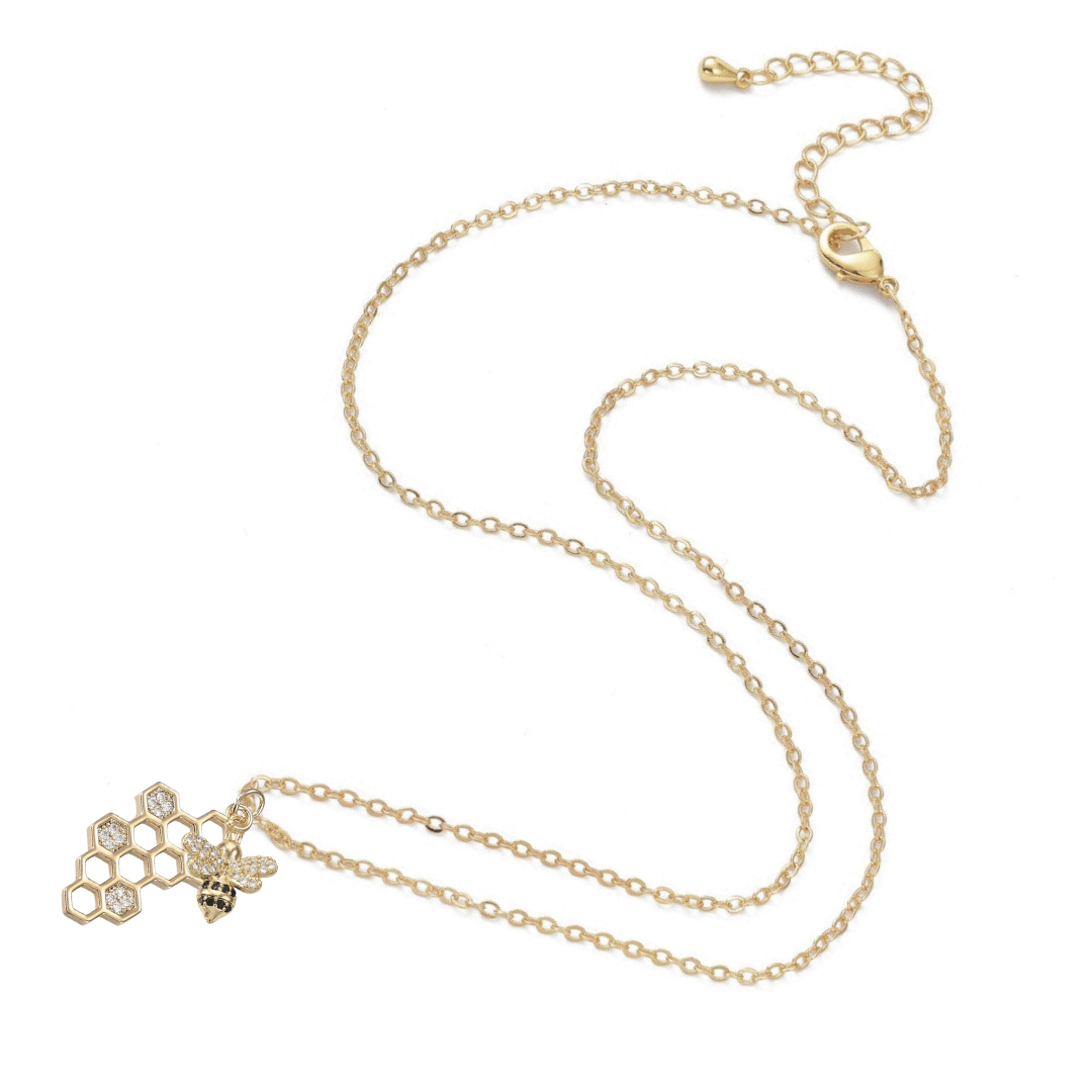 18K Gold Plated Bee &amp; Honeycomb Pave Necklace - The Kindness Cause