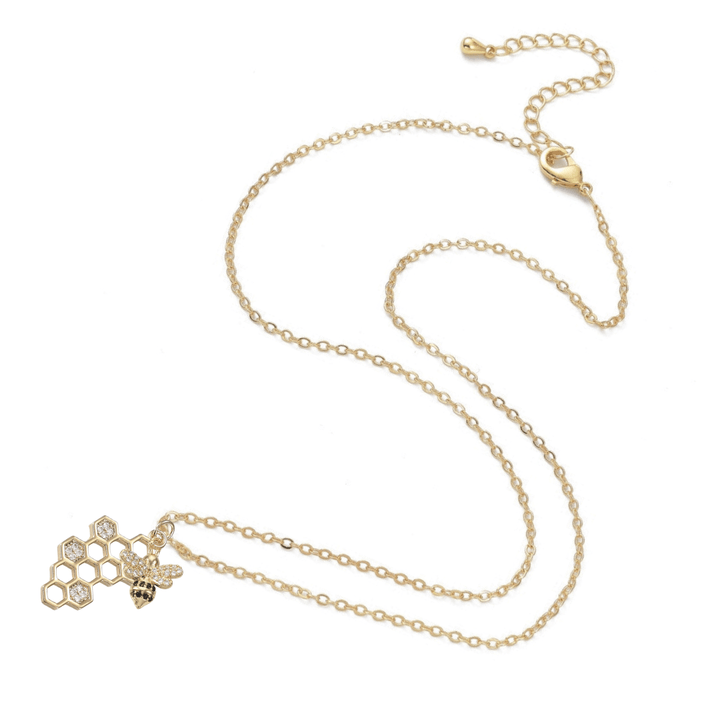 18K Gold Plated Bee &amp; Honeycomb Pave Necklace - The Kindness Cause