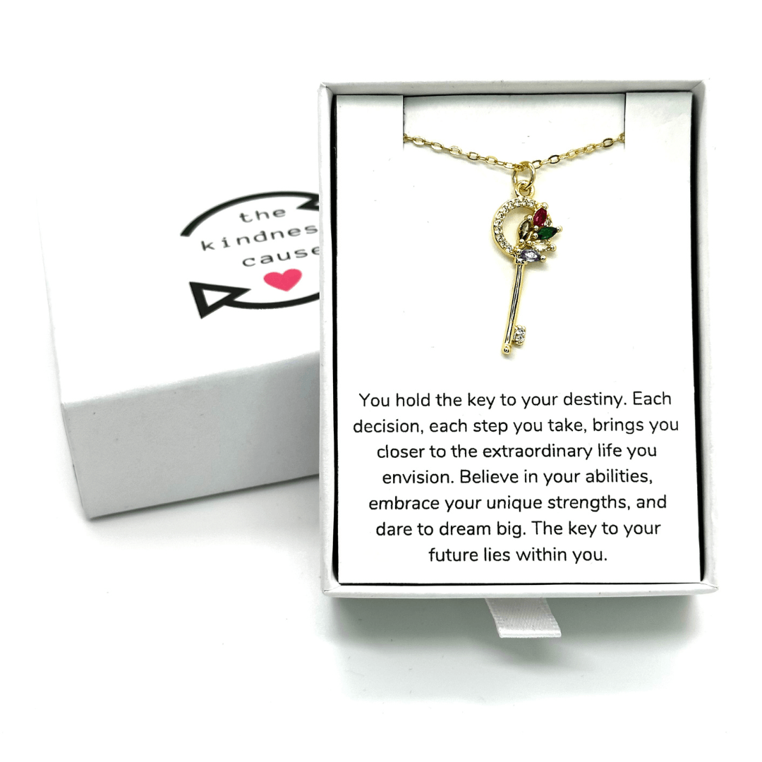 18K Gold Plated Key Necklace with Pave Cubic Zirconia - The Kindness Cause