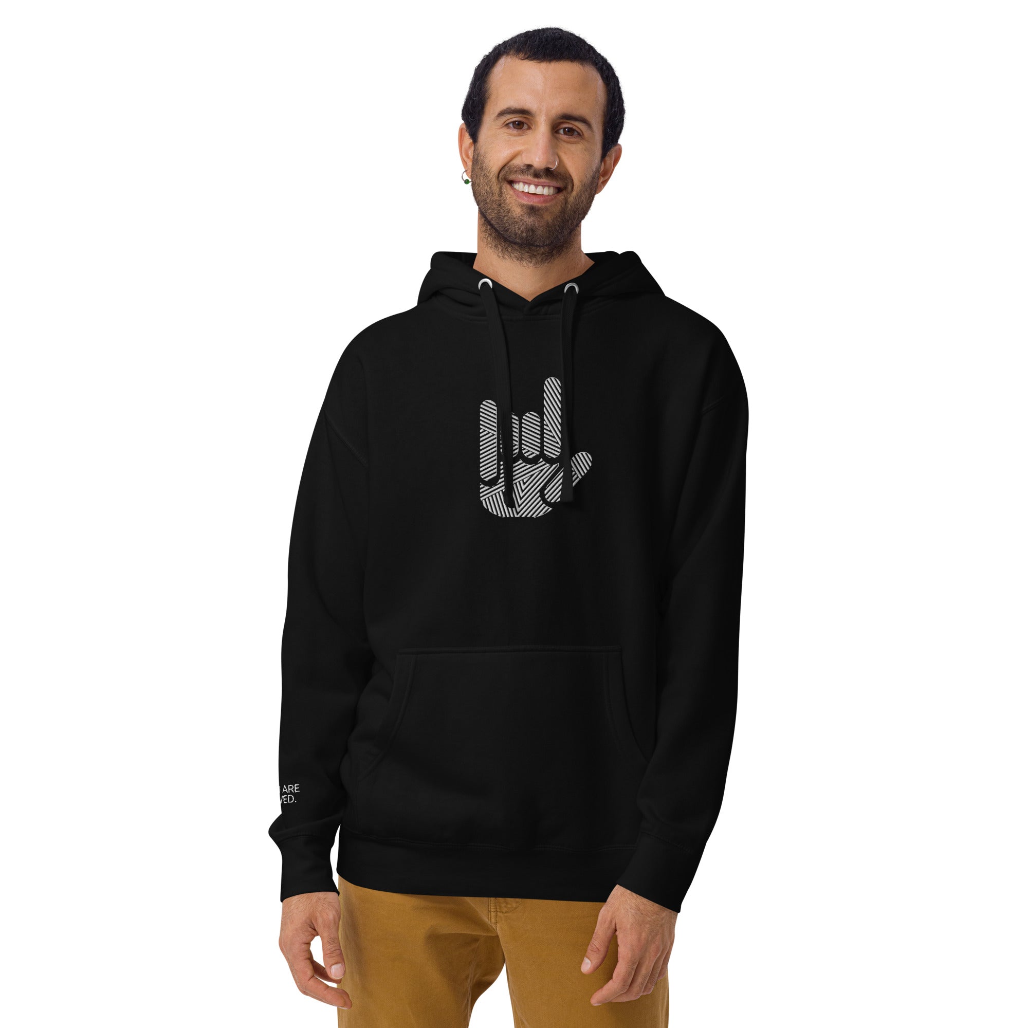 ASL I Love You Stripe Hand Unisex Black Embroidered Hoodie - The Kindness Cause