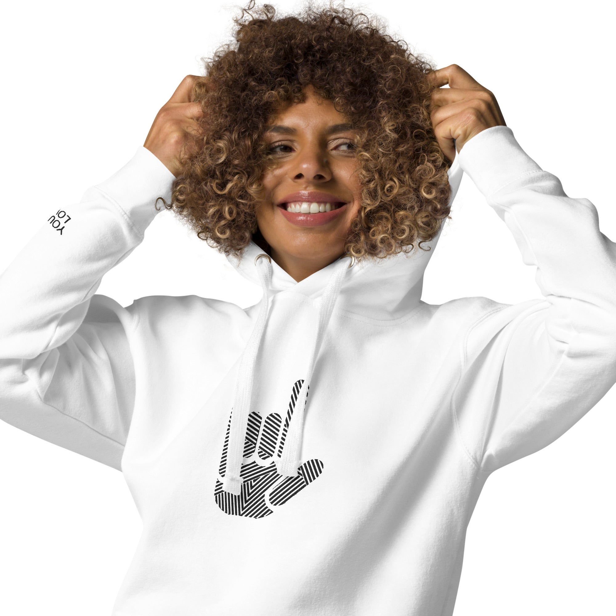 ASL I Love You Stripe Hand Unisex White Embroidered Hoodie - The Kindness Cause