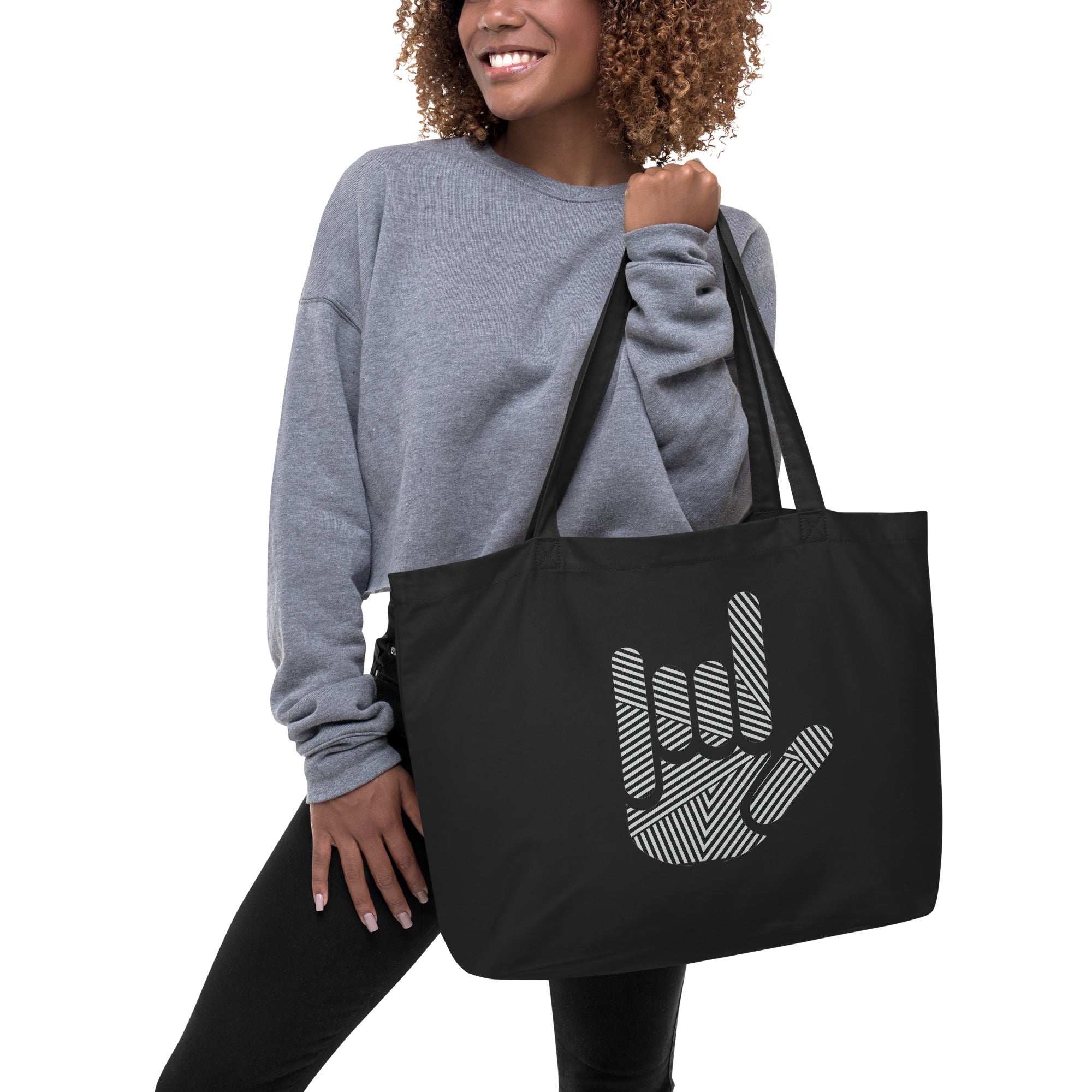 ASL I Love You Stripe Hands Large Organic Tote Bag - The Kindness Cause