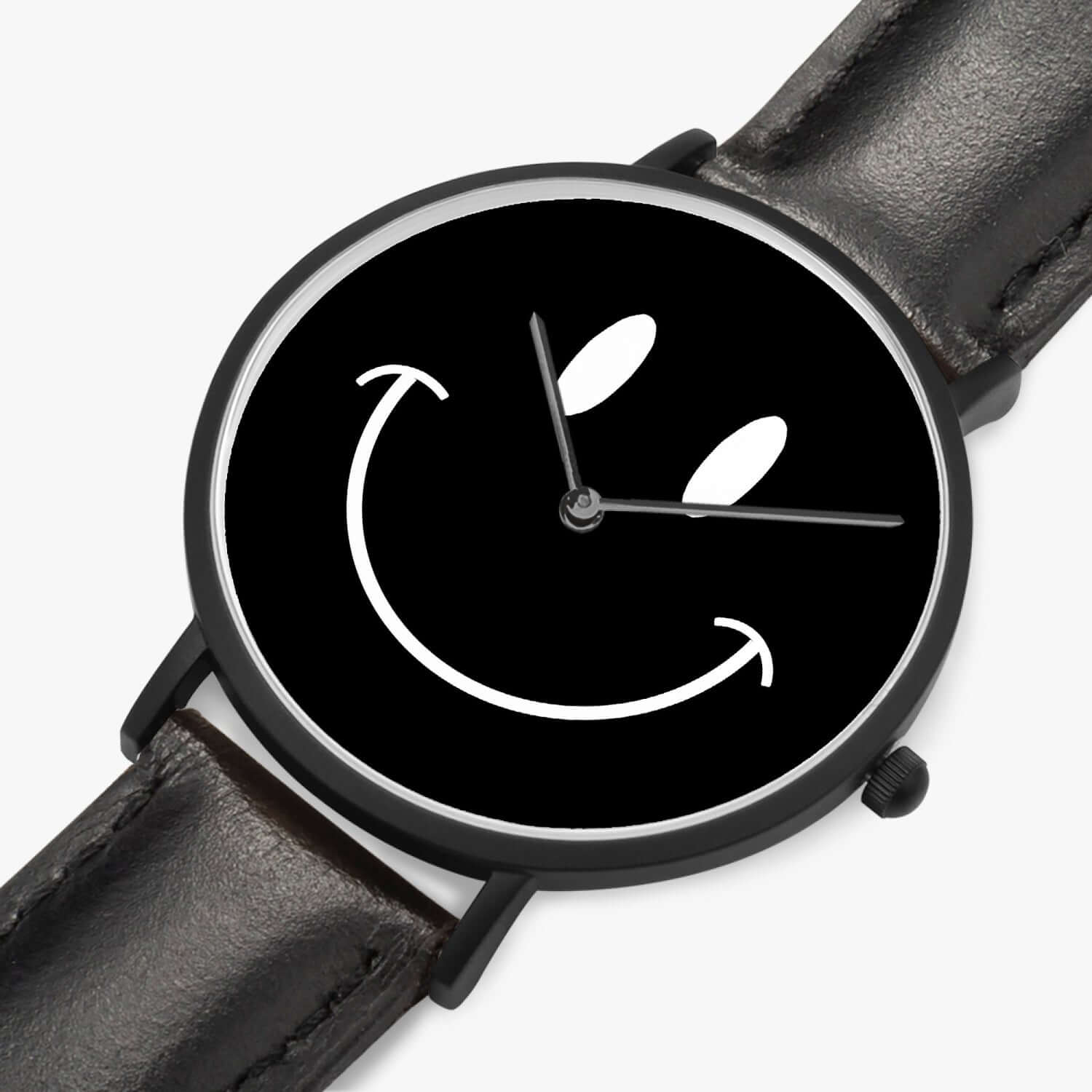 Be Happy Black Smiley Face Ultra-Thin Leather Strap Quartz Watch - The Kindness Cause Dad Gifts