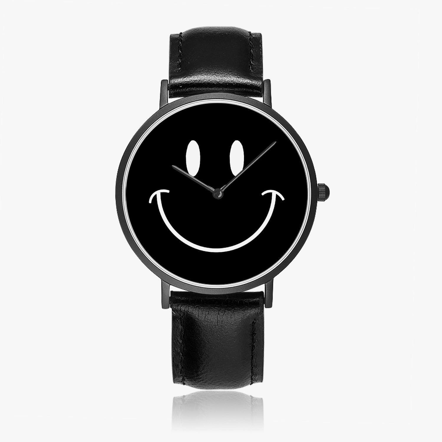 Be Happy Black Smiley Face Ultra-Thin Leather Strap Quartz Watch - The Kindness Cause Cool Gifts That Give Back