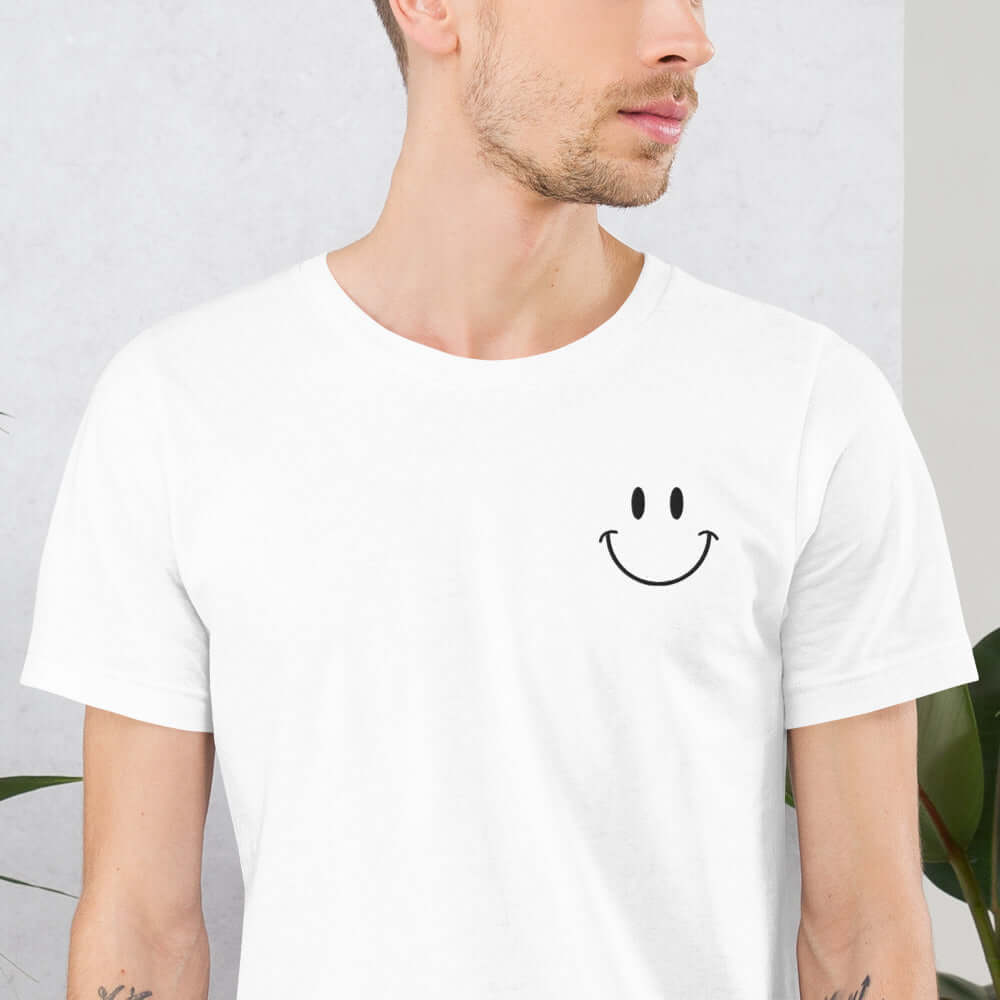Be Happy Embroidered Short-Sleeve Unisex T-Shirt - The Kindness Cause Smiley Face Shirt