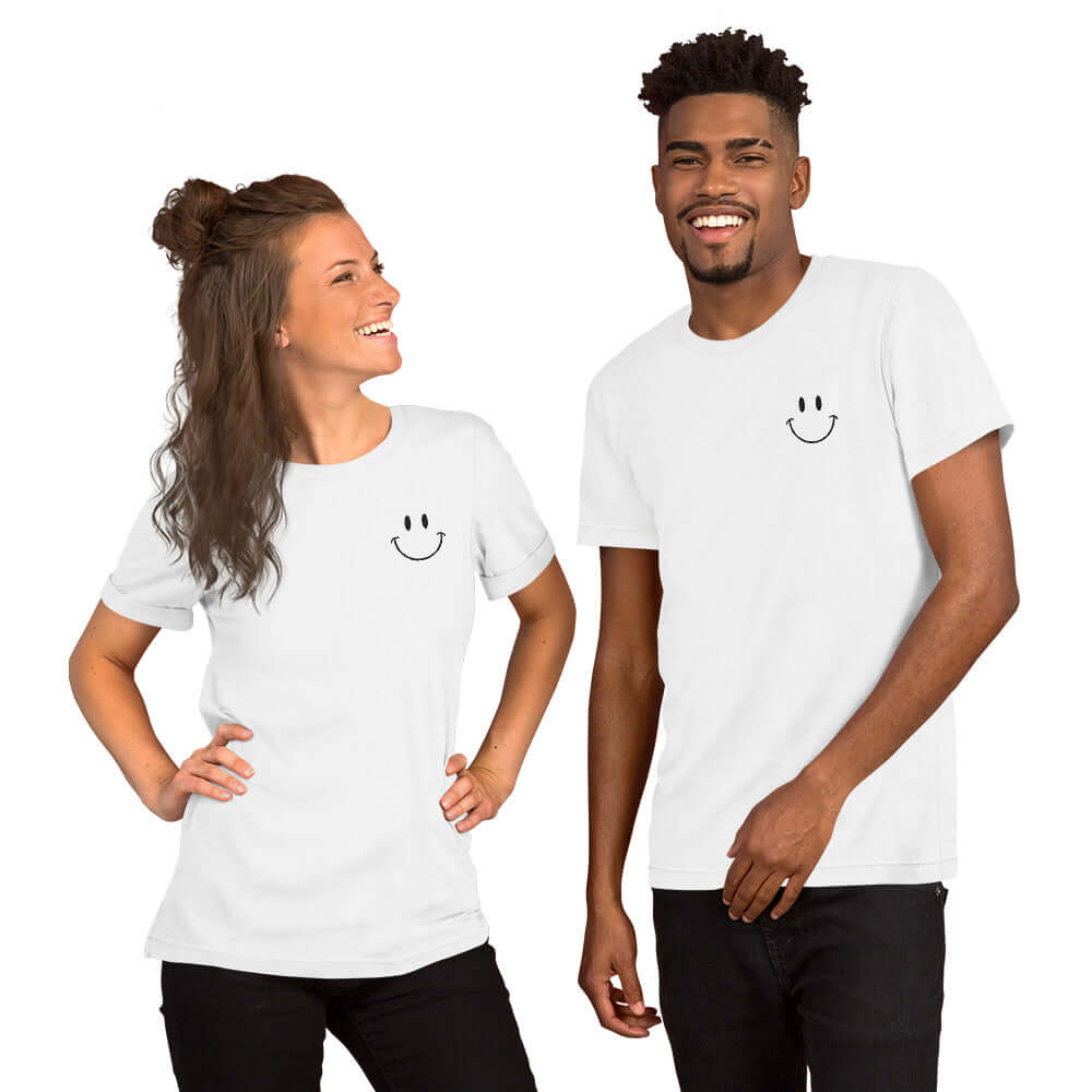 Be Happy Embroidered Short-Sleeve Unisex t shirt - The Kindness Cause Cool Gifts That Give Back