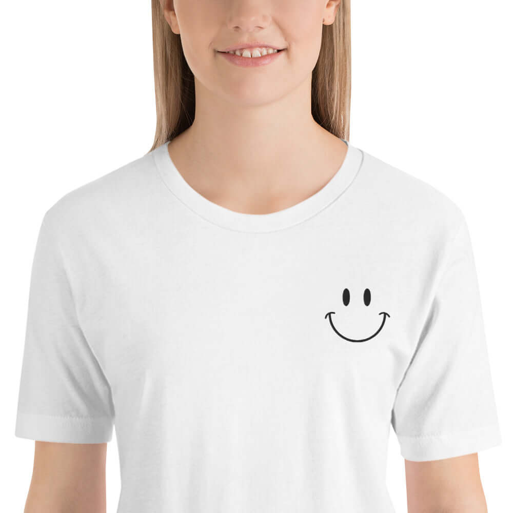 Be Happy Embroidered Short-Sleeve Unisex T-Shirt - The Kindness Cause Gift Ideas That Give Back