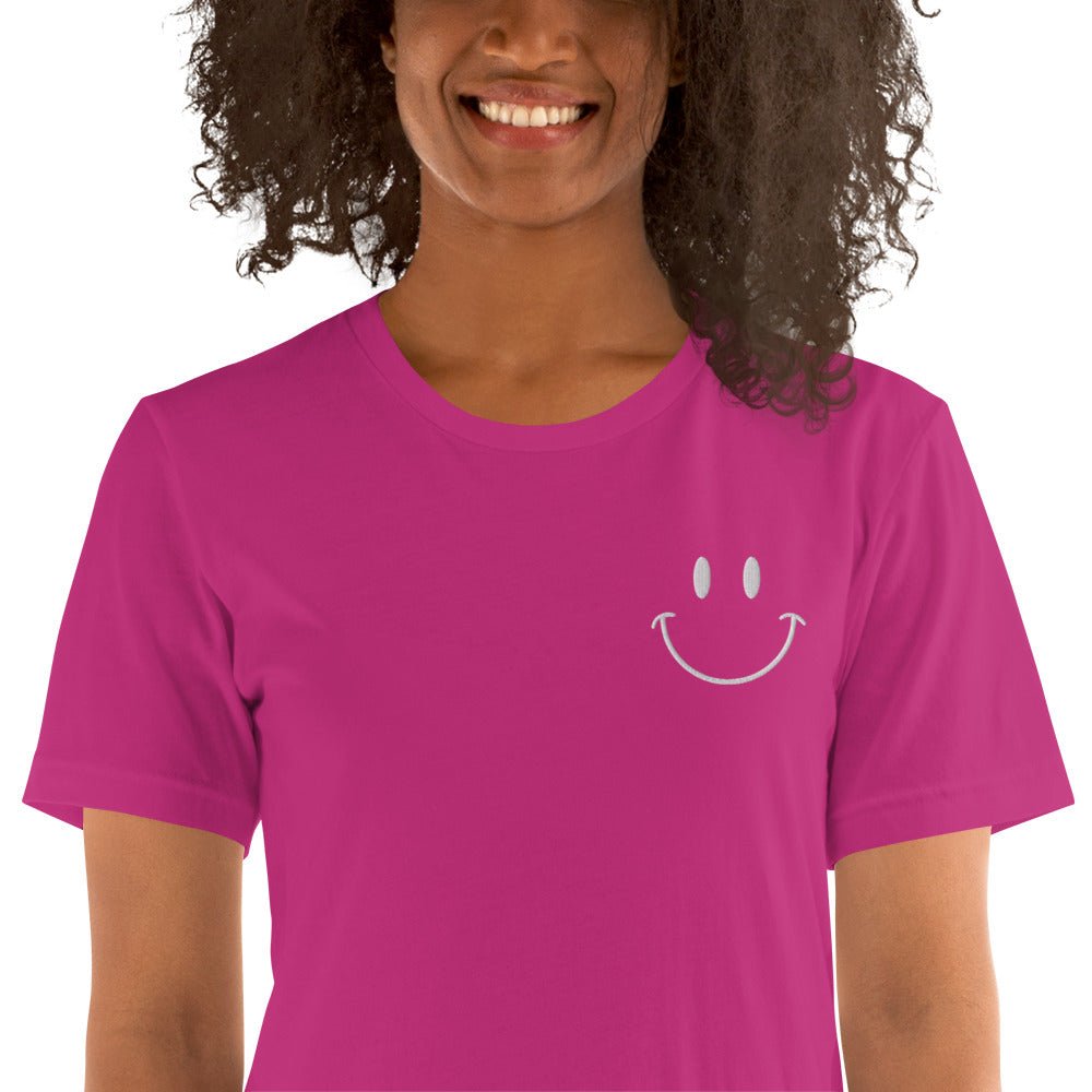 Be Happy White Embroidered Unisex Short Sleeve T-shirt - The Kindness Cause