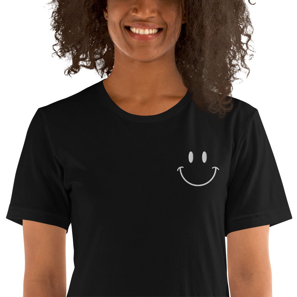 Be Happy White Embroidered Unisex Short Sleeve T-shirt - The Kindness Cause
